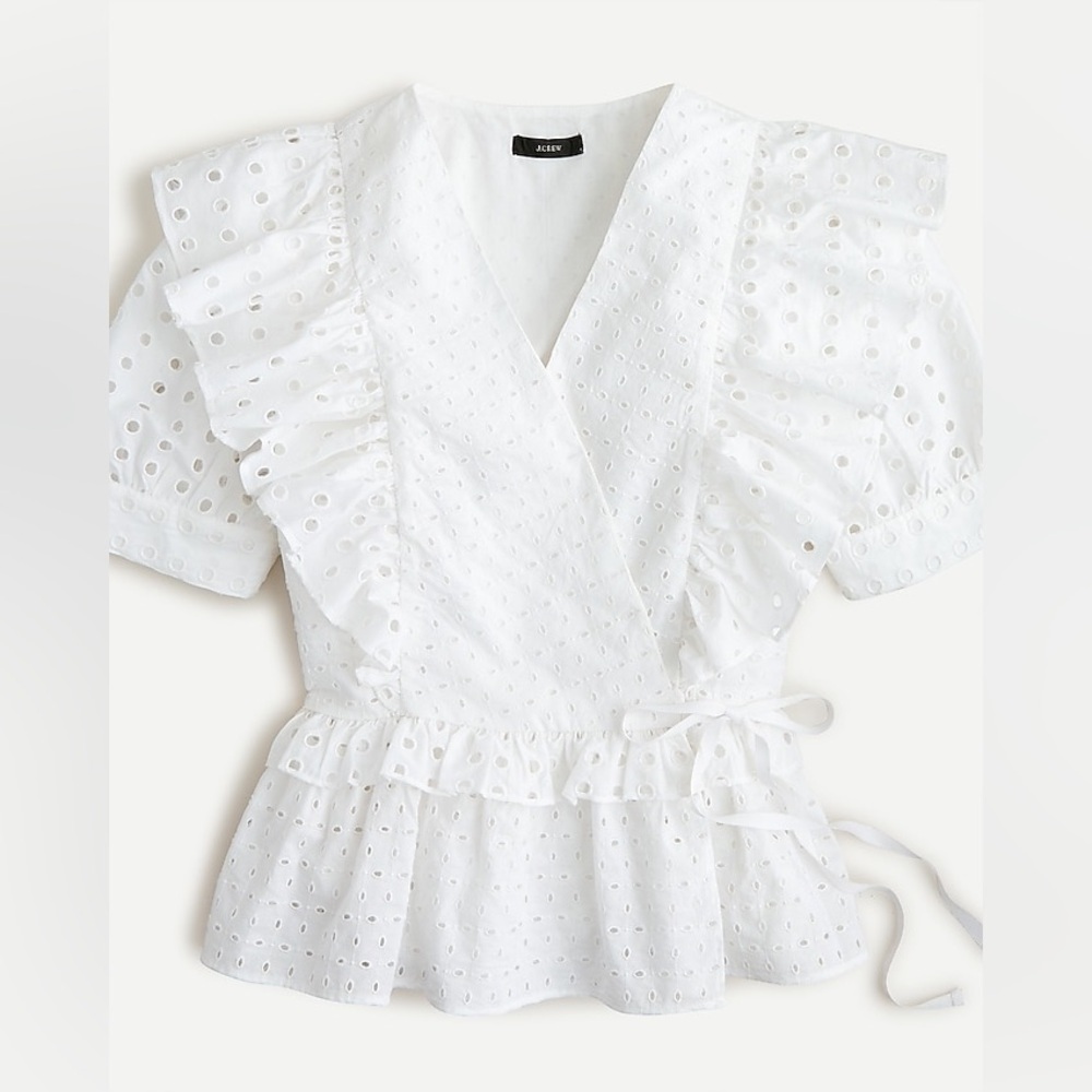 J. Crew White Puff Sleeve Wrap Blouse